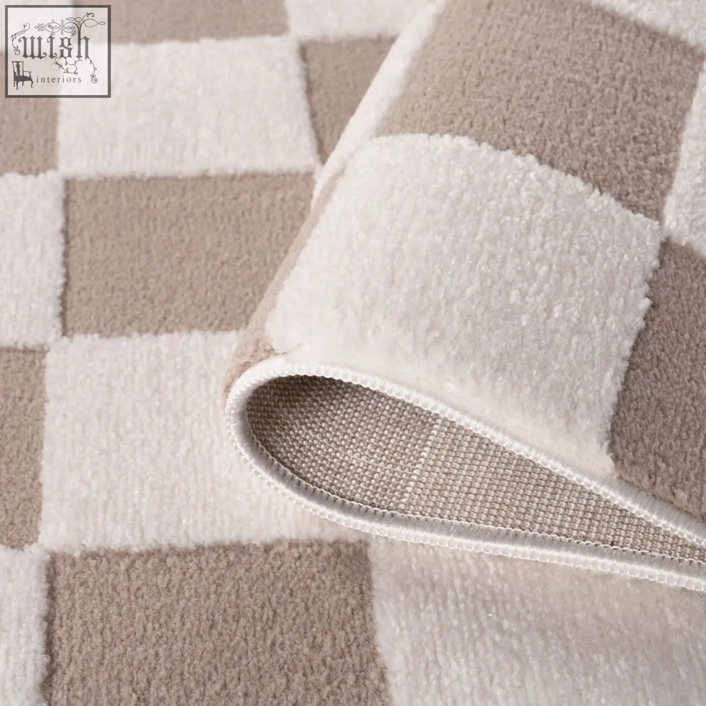 A plush soft loft checkerboard beige rug with a cream and beige checkerboard pattern perfect for cozy spaces