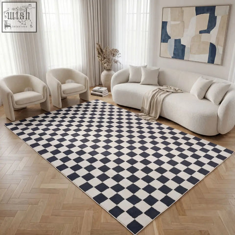 Black and white checkered area rug featuring a loft checkerboard blue design perfect for modern spaces