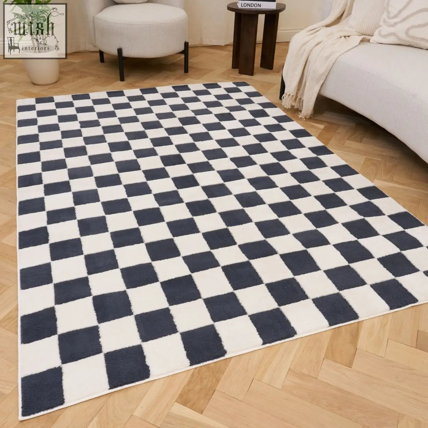 A plush navy and white checkered blue rug featuring a soft texture perfect for loft checkerboard blue spaces