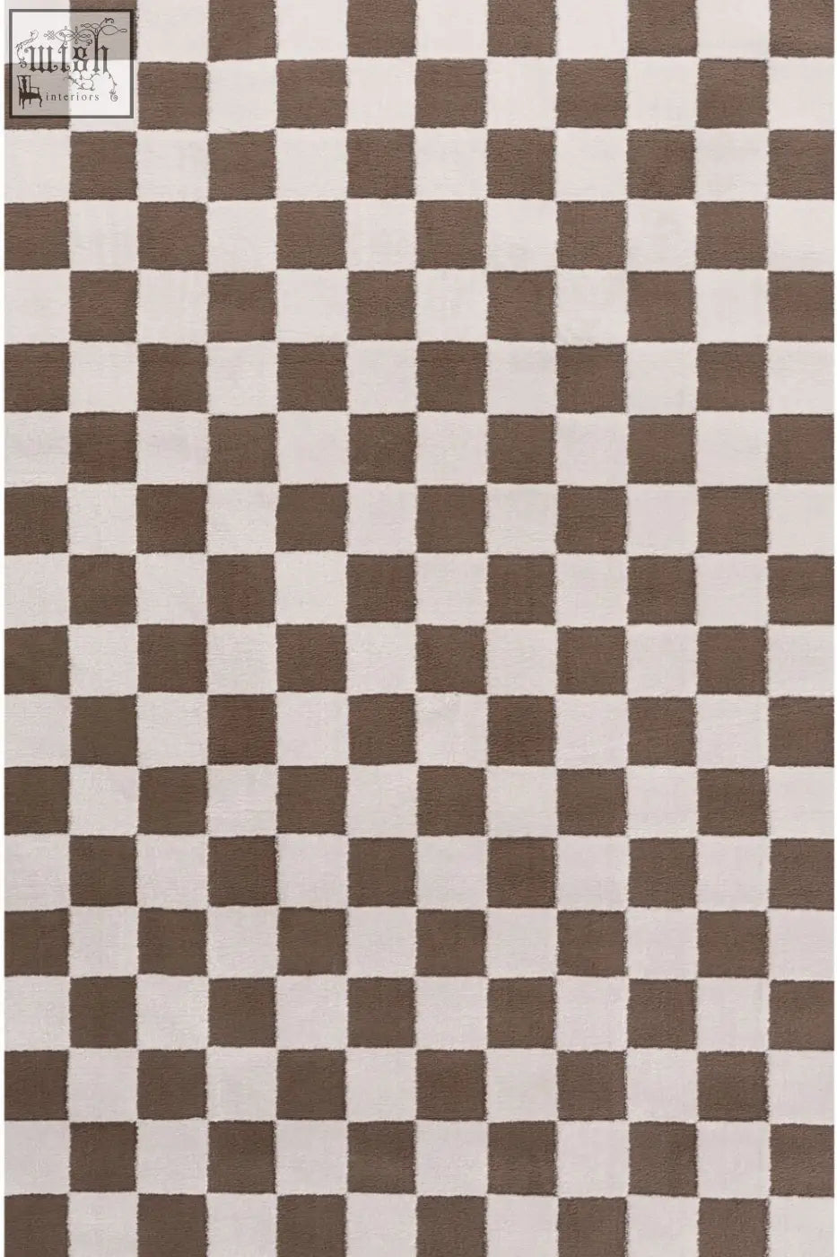 Loft checkerboard brown rug with a brown and white checkered pattern and textured woven surface perfect for any room