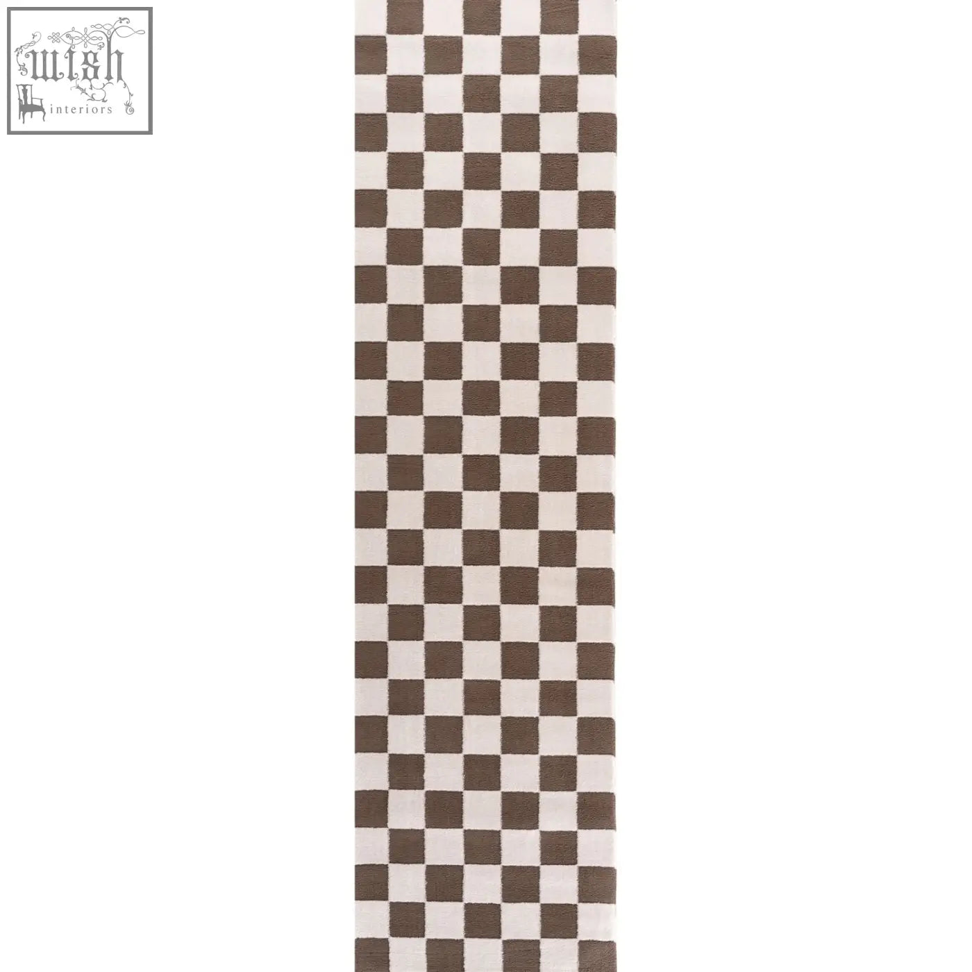 Brown and white checkered runner rug featuring a loft checkerboard brown design perfect for hallway decor