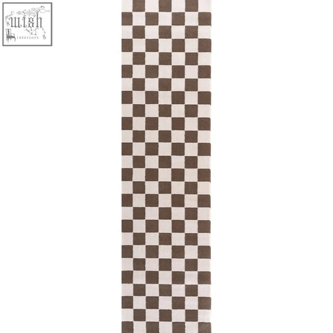Brown and white checkered runner rug featuring a loft checkerboard brown design perfect for hallway decor