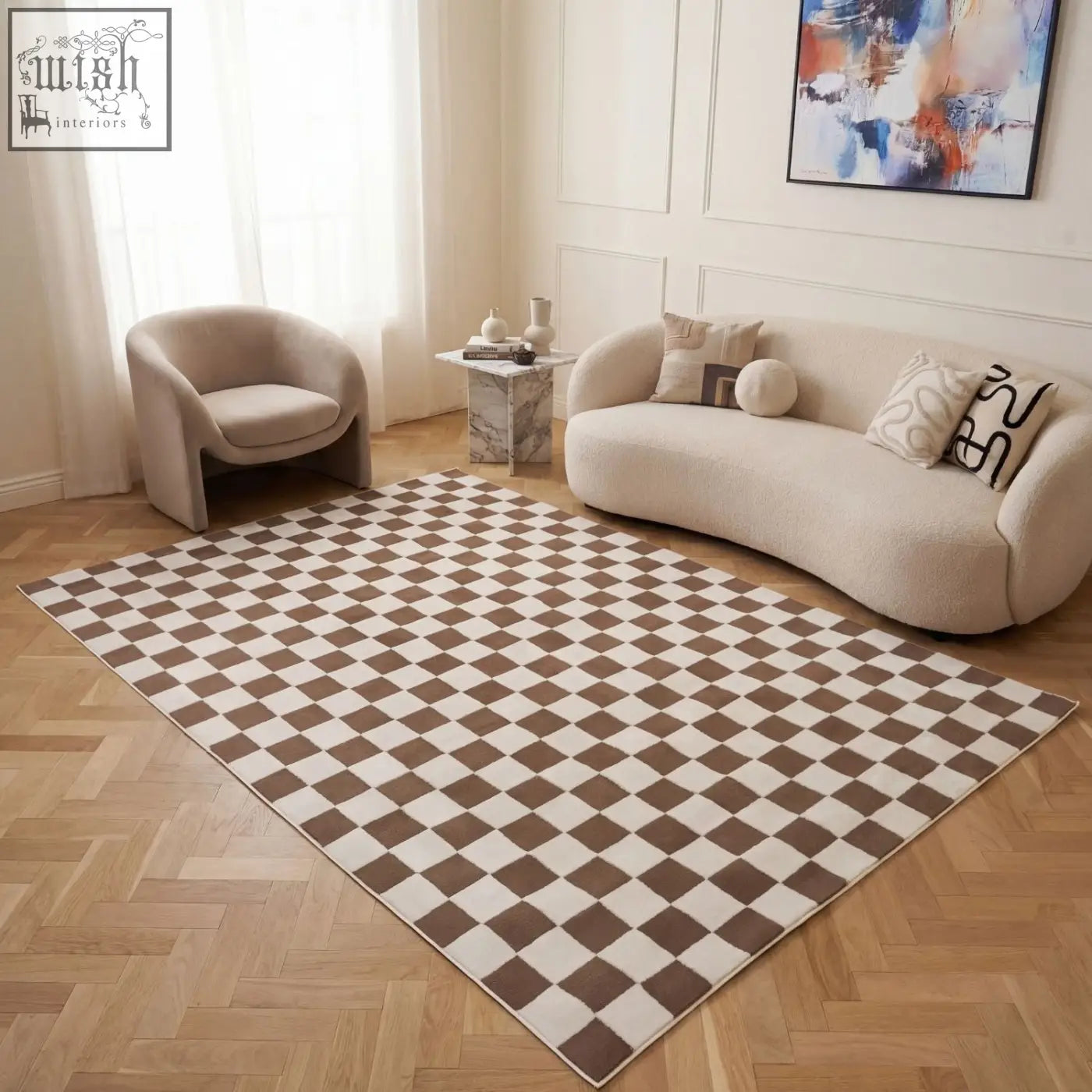 Beige and brown soft plush loft checkerboard brown rug with a checkered pattern and cozy texture for living spaces