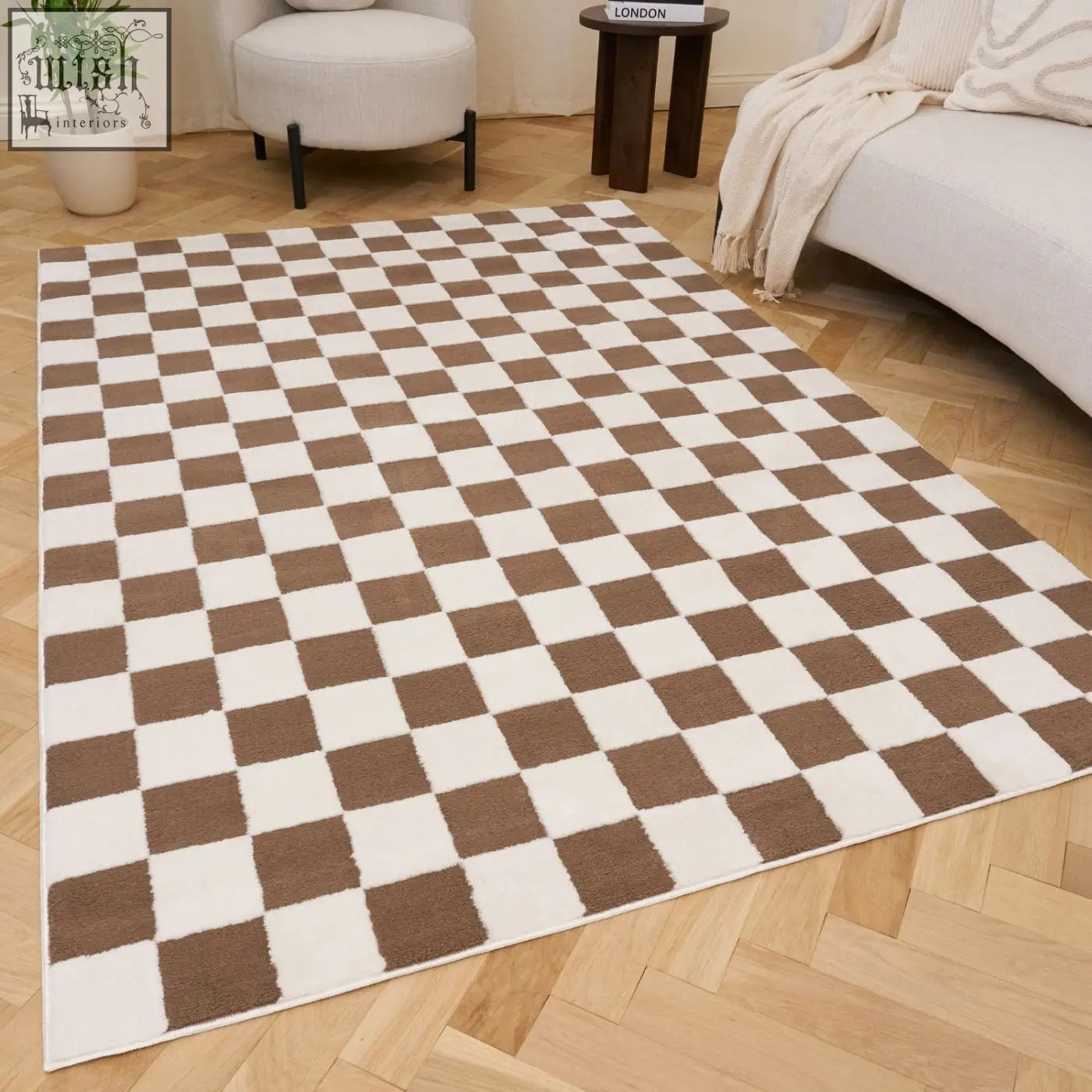 A cozy loft checkerboard brown rug with plush soft texture and brown and white checkered pattern ideal for any room