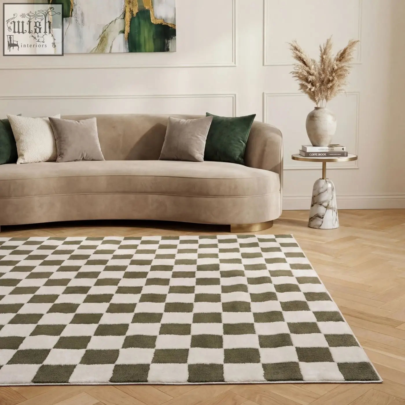 Olive and white checkered loft checkerboard green rug with plush soft texture perfect for cozy spaces