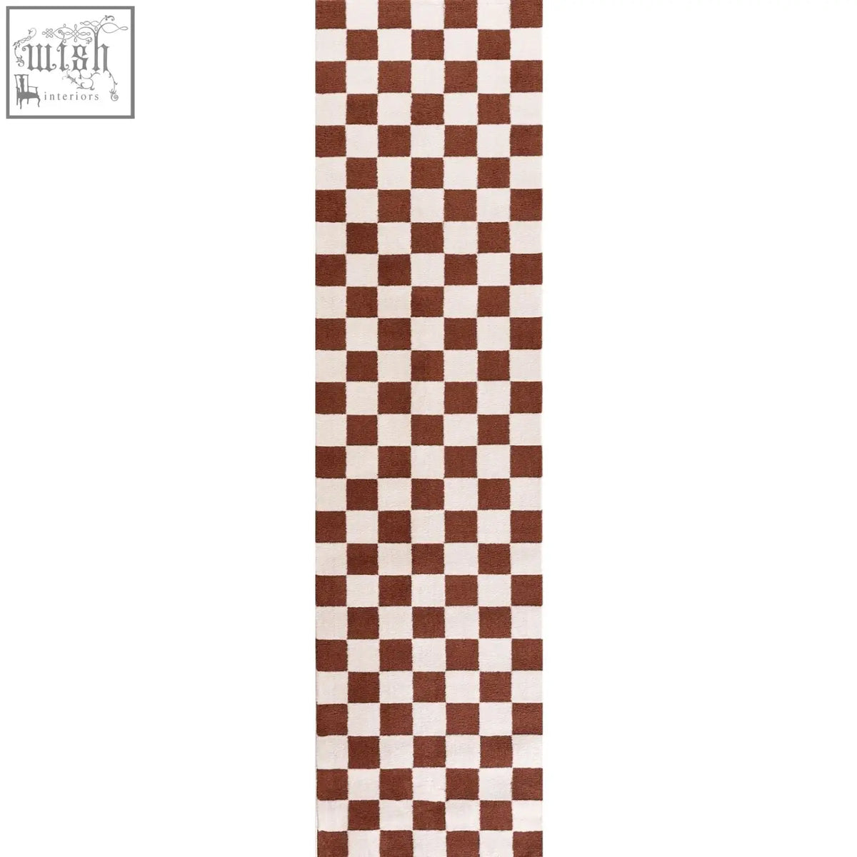 Brown and white checkered runner rug featuring the loft checkerboard terra pattern perfect for hallway decor