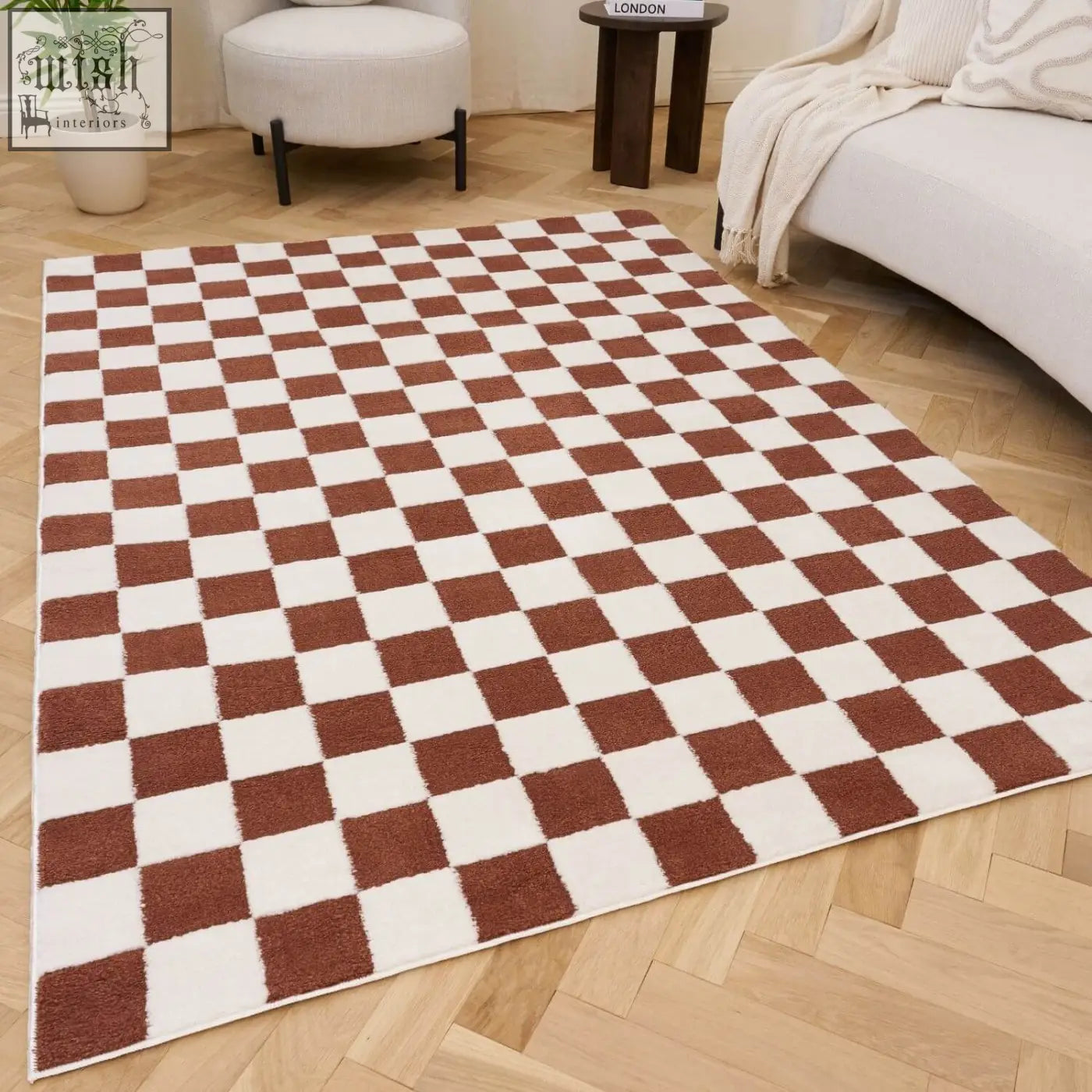 A plush rectangular loft checkerboard terra rug with bold brown and white soft textured checkerboard squares