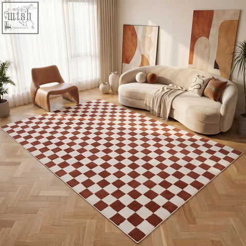 A soft textured loft checkerboard terra rug with bold red and white checkerboard pattern perfect for modern spaces