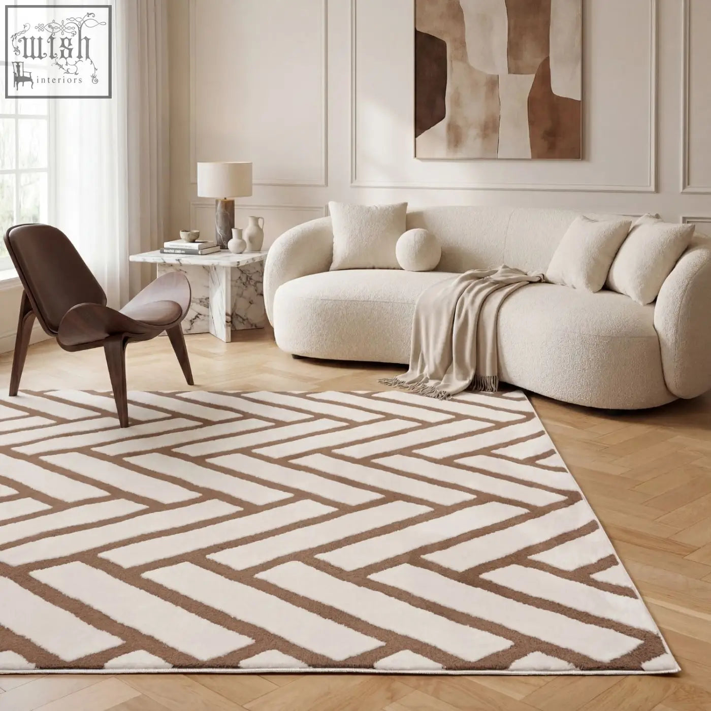 Cream-colored loft chevron brown rug with bold geometric herringbone pattern in contrasting brown stripes