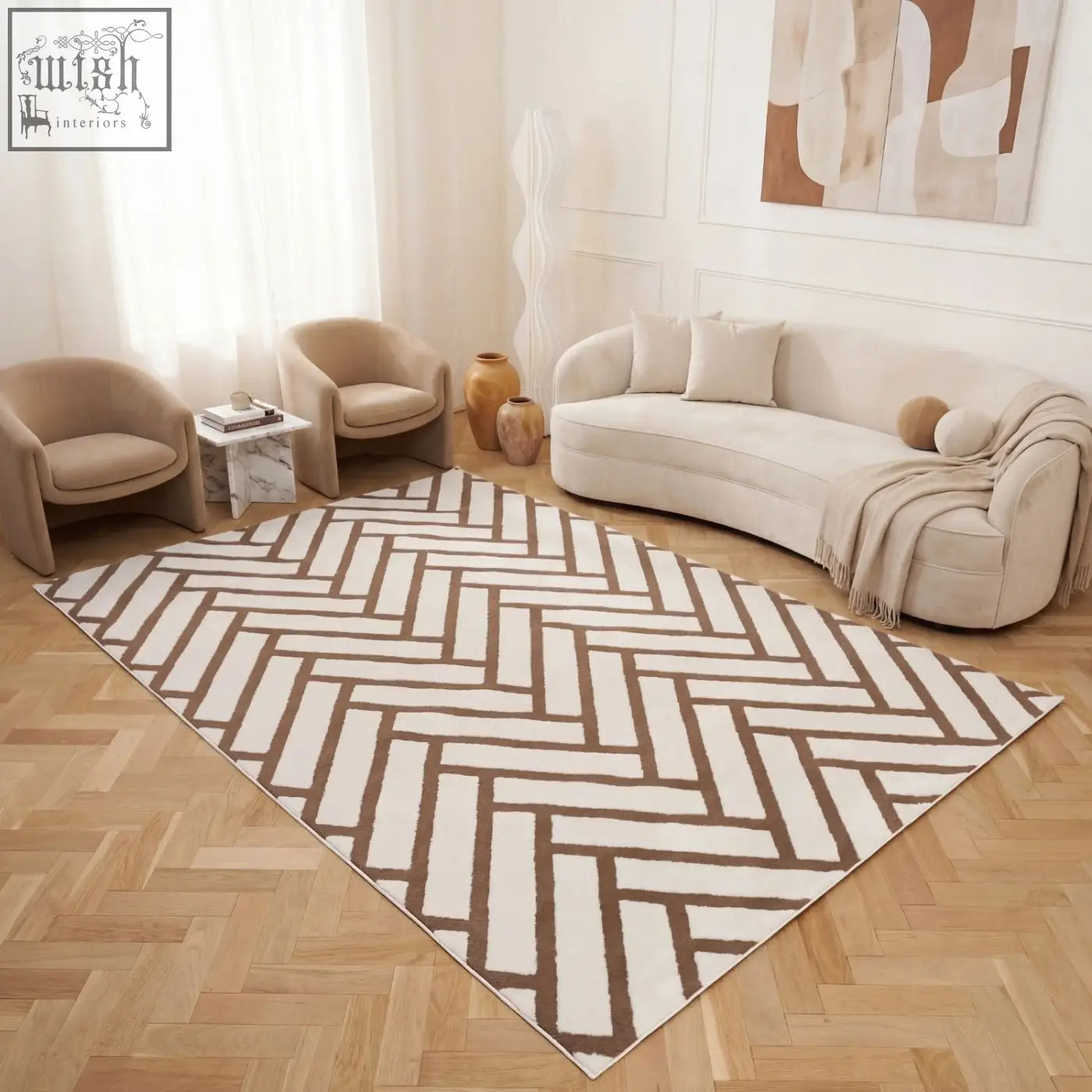 A plush rectangular loft chevron brown rug with a modern cream and brown herringbone pattern