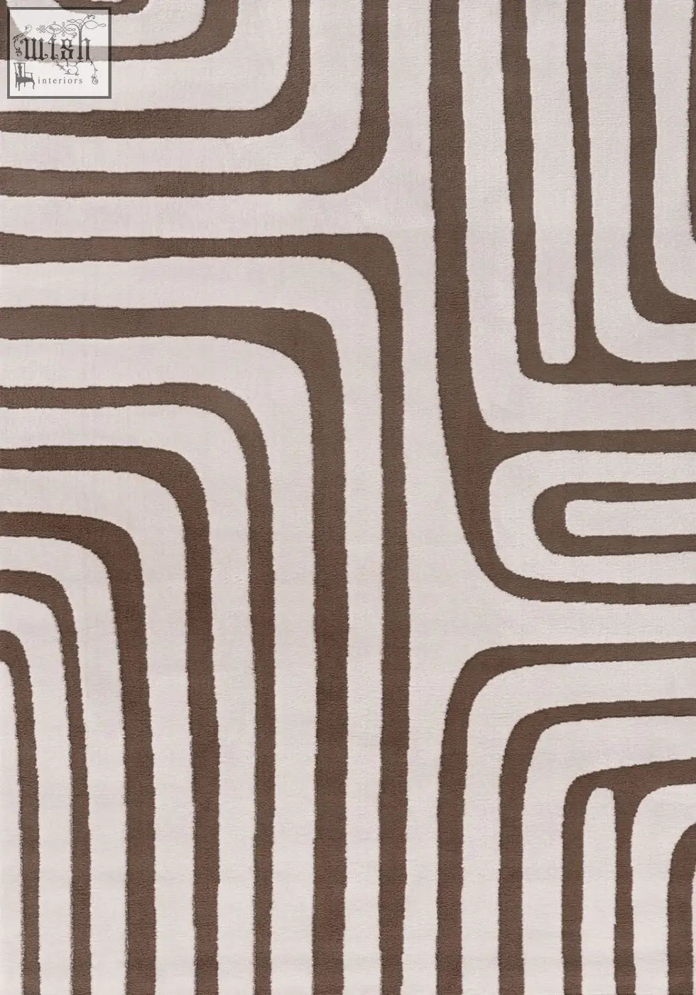 A beige loft geometric brown rug with bold abstract curved stripes perfect for modern living spaces
