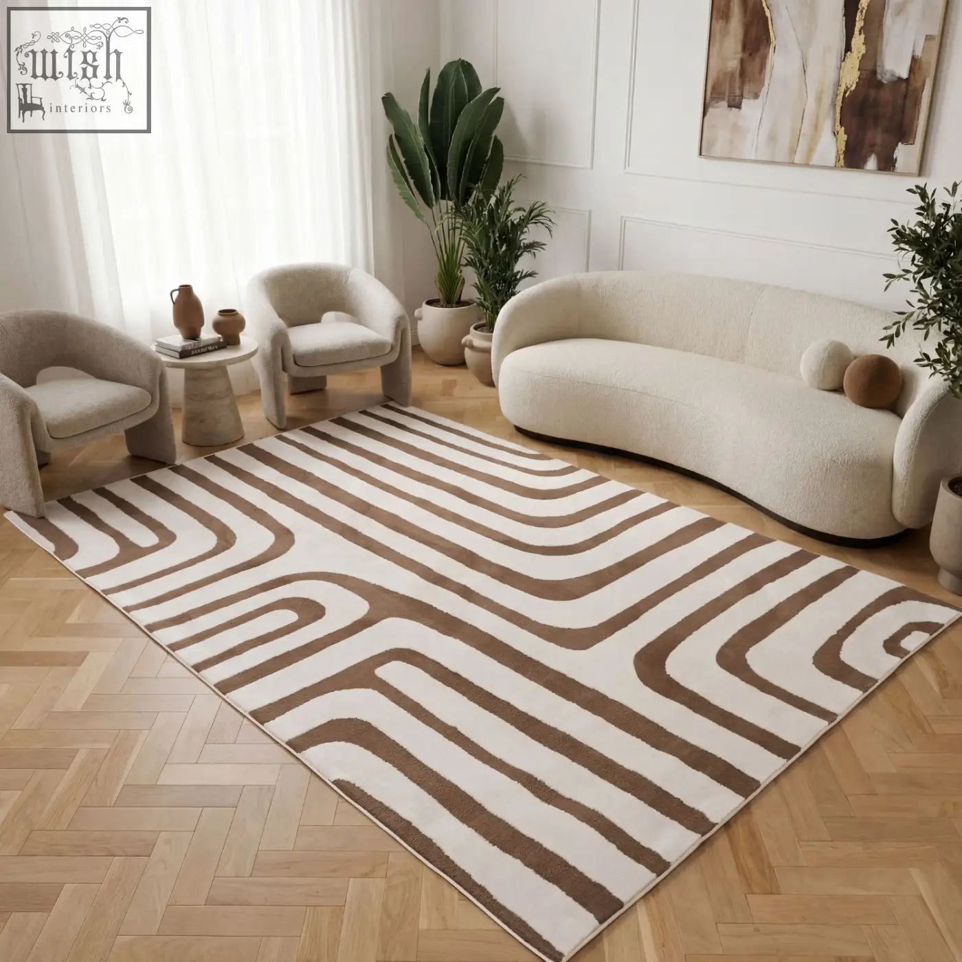 Beige and brown plush loft geometric brown rug with abstract wave pattern perfect for modern spaces