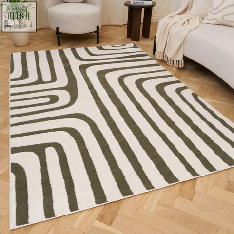 Loft geometric green rug featuring an olive green and white abstract wave-patterned area rug for modern spaces