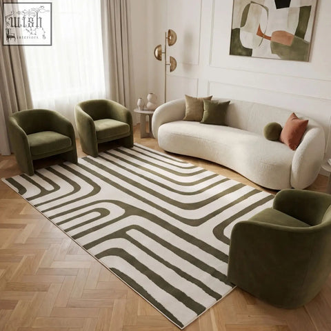 Olive green and white wavy-striped loft geometric green rug with a modern minimalist area rug design