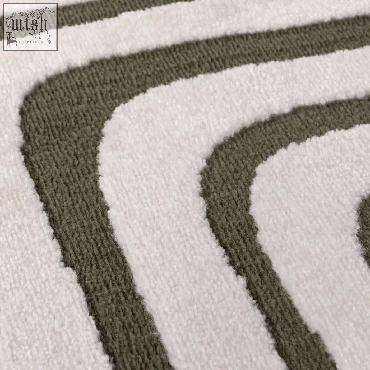 White and olive green striped plush bath mat with textured surface in loft geometric green rug style