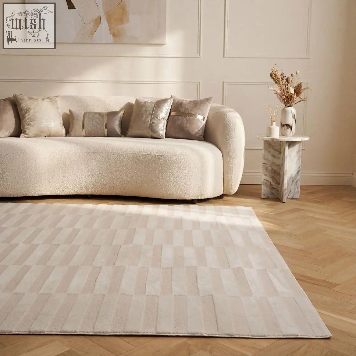 Beige rectangular loft striped cream rug with subtle geometric pattern of alternating light and darker beige stripes