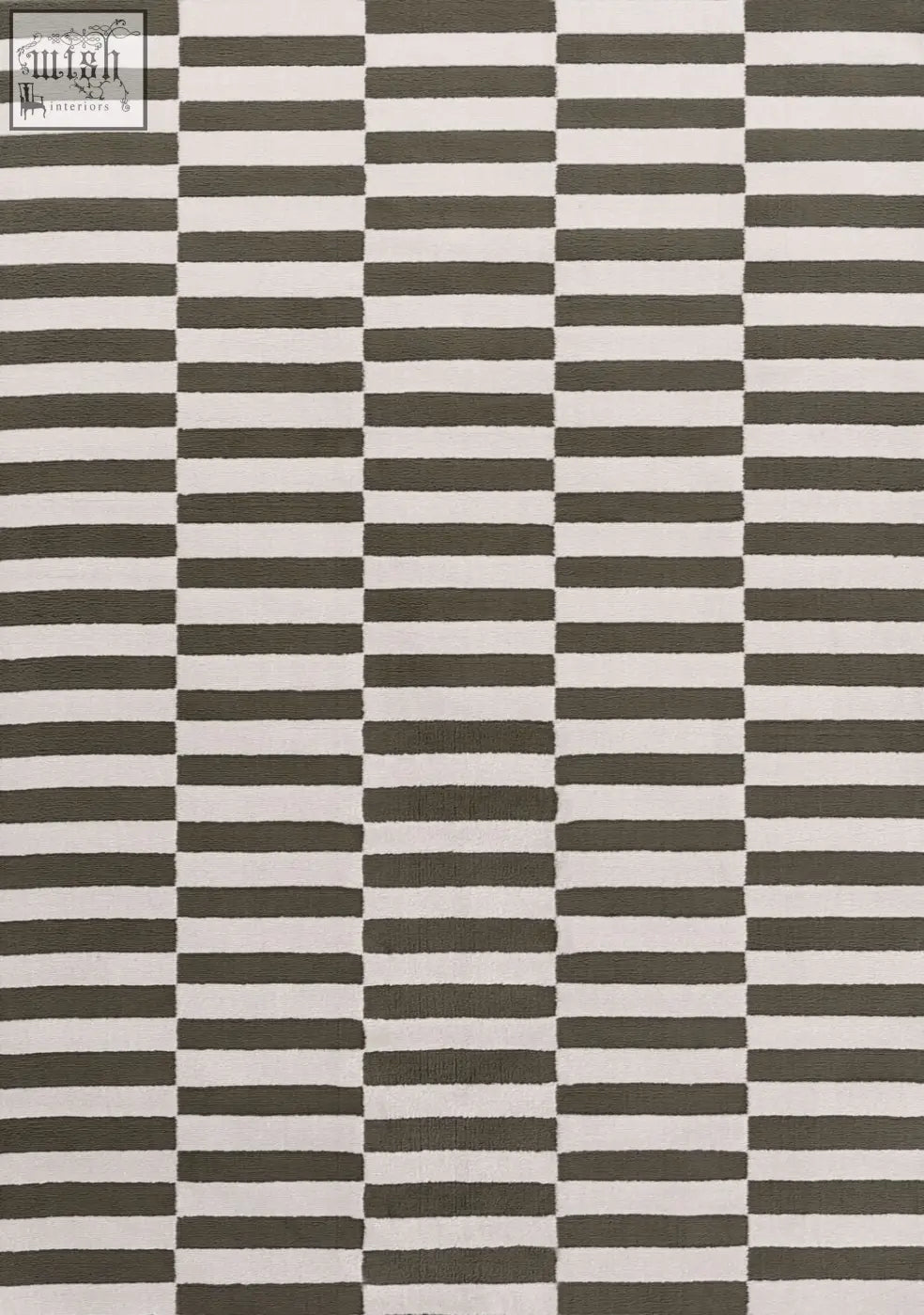 A modern loft striped green rug with bold charcoal gray and off-white horizontal stripes for stylish living spaces