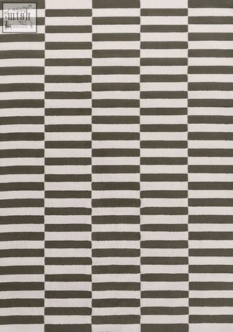 A modern loft striped green rug with bold charcoal gray and off-white horizontal stripes for stylish living spaces