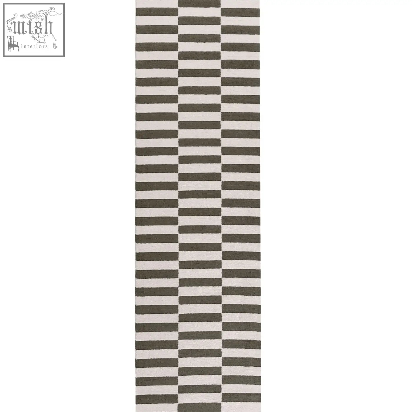 A loft striped green rug with long rectangular shape and alternating charcoal gray and off-white horizontal stripes