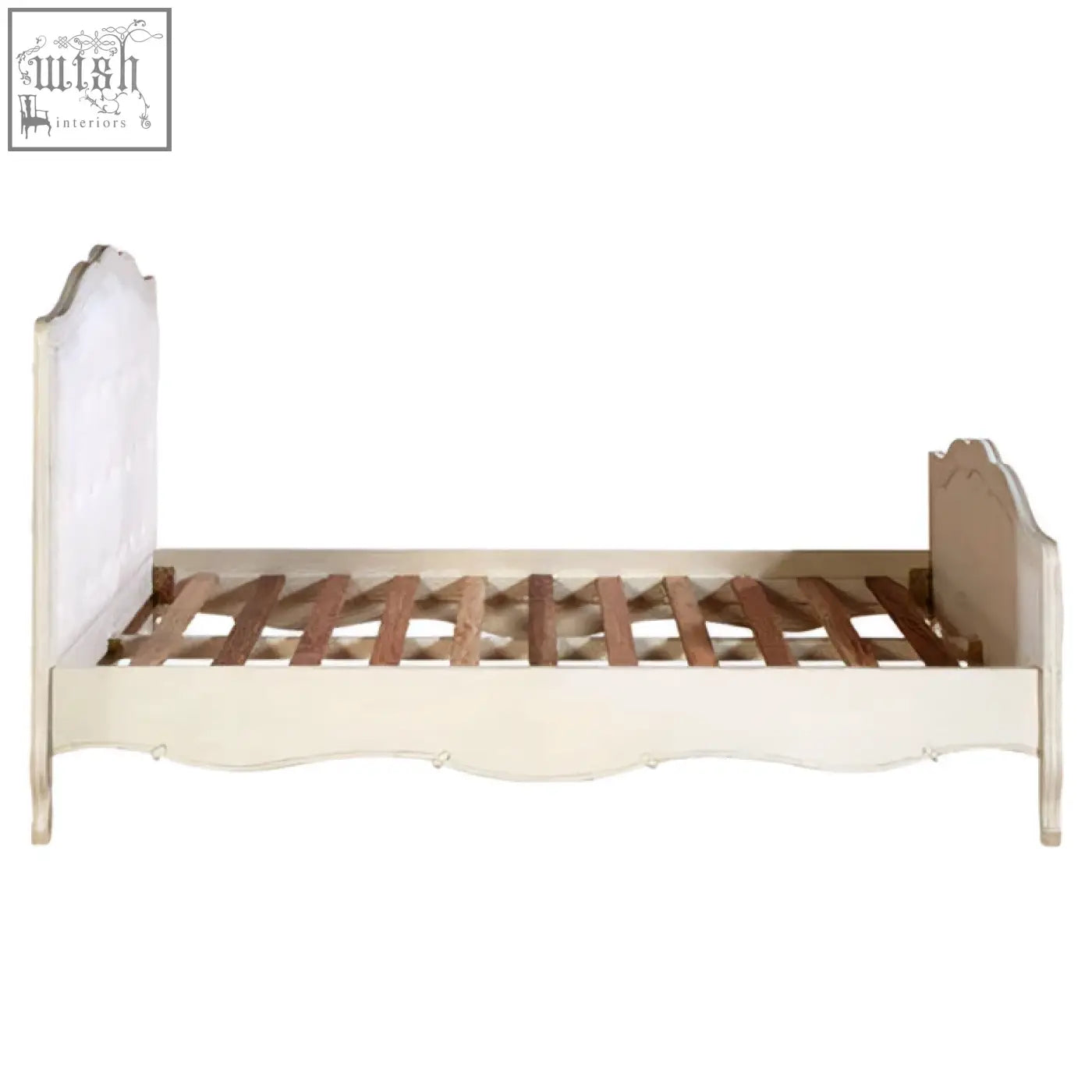 Antique white wooden double bed with curved ornate headboard and footboard perfect as a white double bed