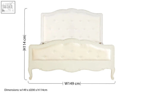Cream-colored upholstered white double bed with tufted headboard footboard and ornate curved legs Loire white double bed