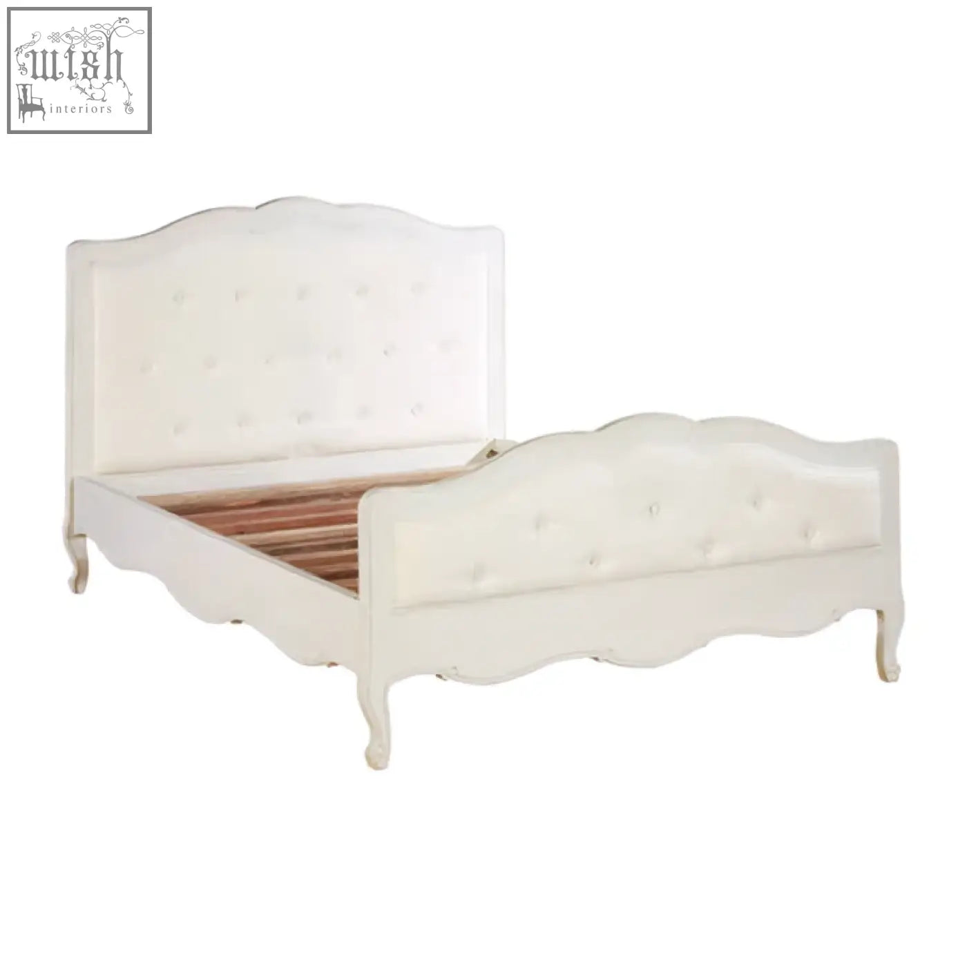 Loire white double bed with tufted upholstery and ornate curved headboard and footboard in white double bed style