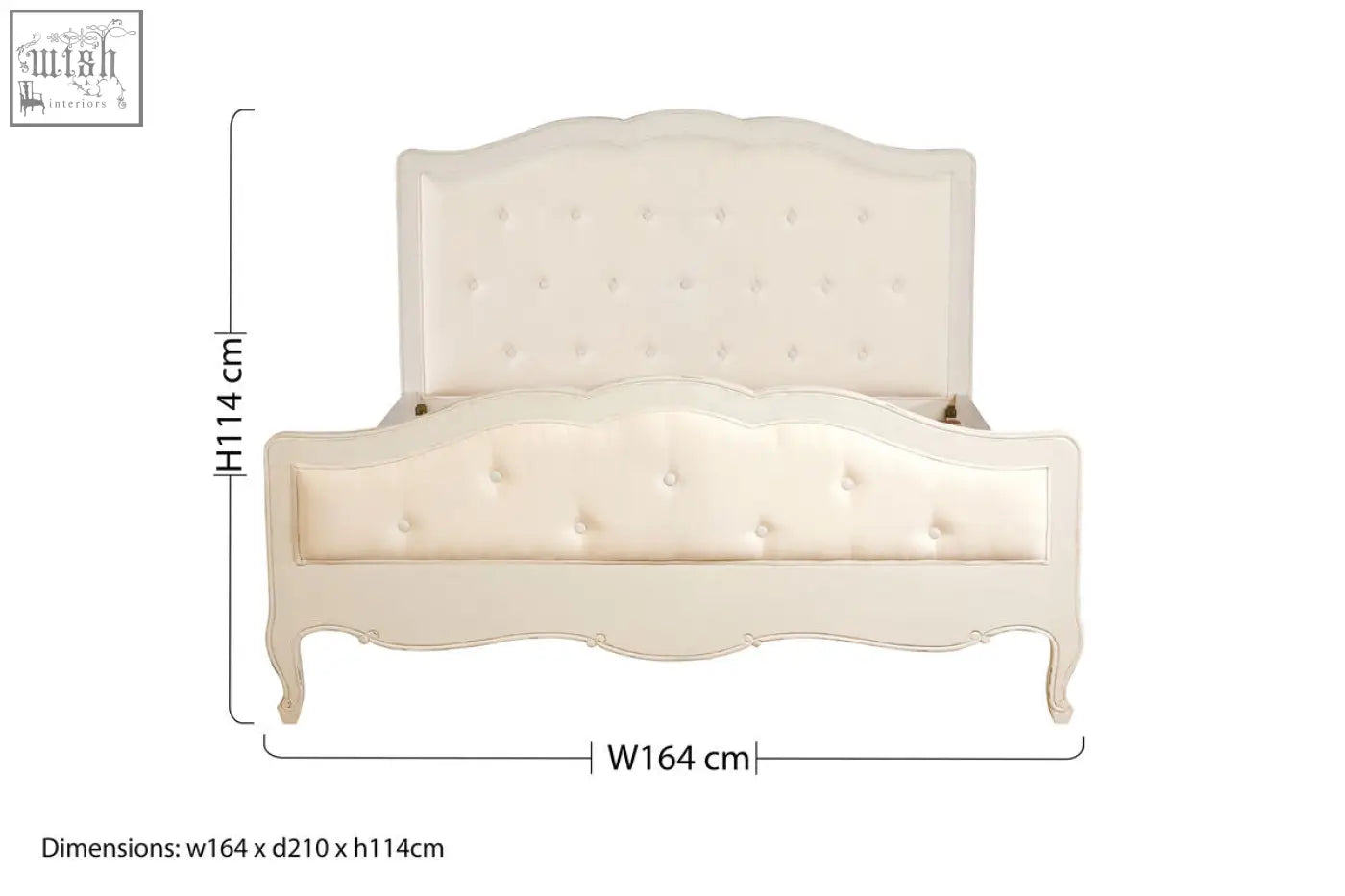 Cream-colored loire white kingsize bed with tufted frame and ornate bayur wood curved legs and matching headboard