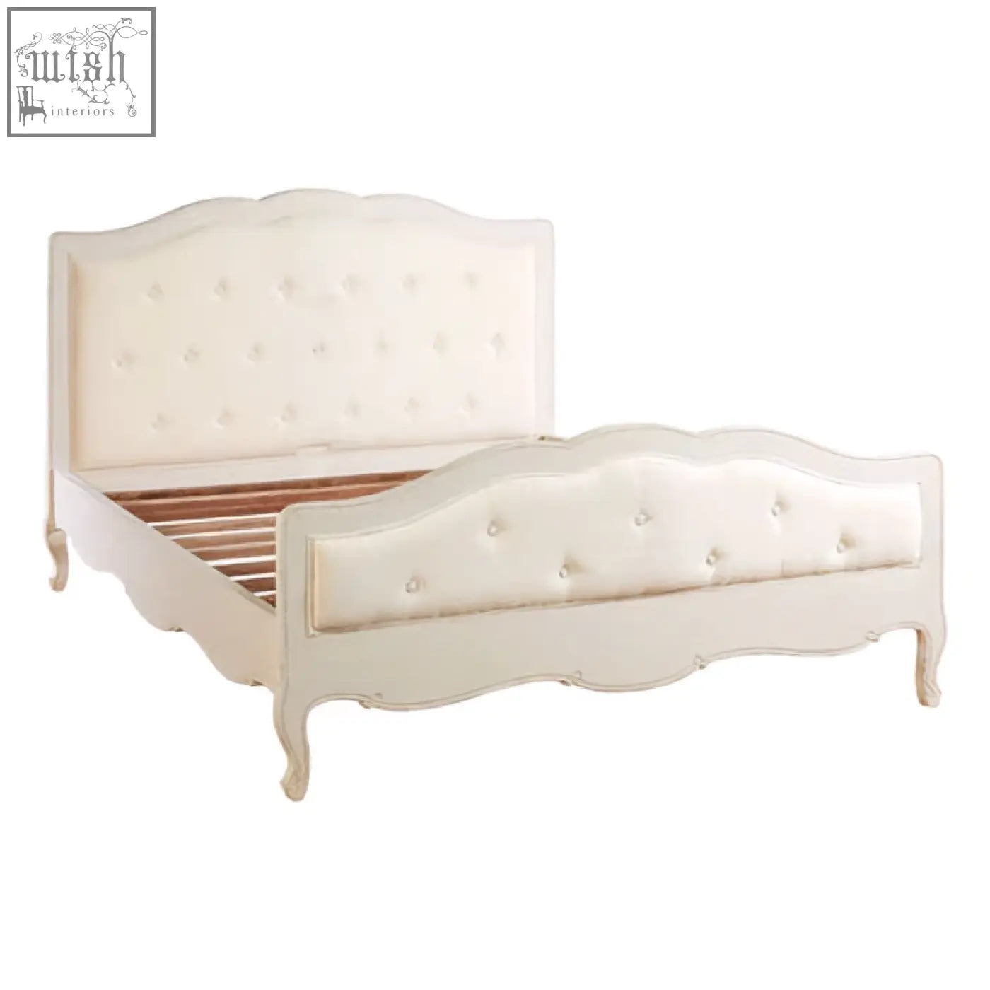 Cream-colored tufted loire white kingsize bed with ornate curved bayur wood legs and classic design white kingsize bed