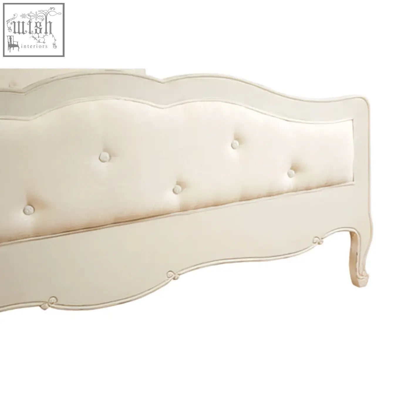 Cream-colored tufted headboard with curved ornate frame and decorative legs for loire white kingsize bayur wood bed