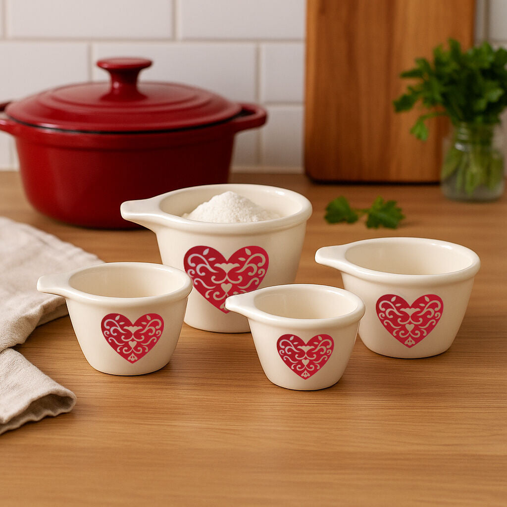 Set of four white ceramic heart measuring cups with red heart decals perfect for heart measuring and baking