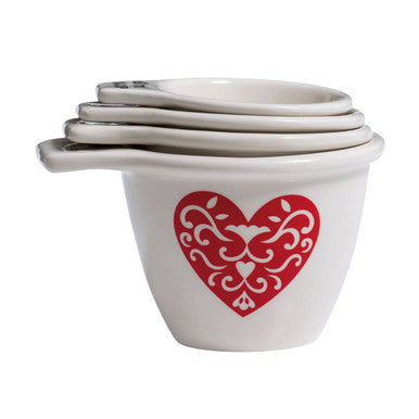 White ceramic heart measuring cups with red ornate heart design lola set of 4 for precise heart measuring