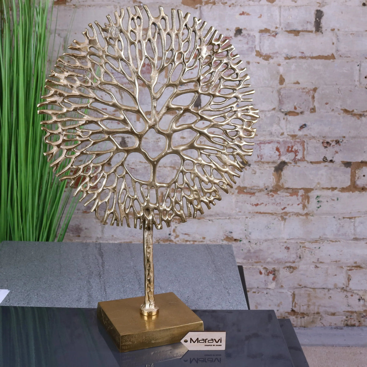 Lolam metal gold coral ornament sculpture 51cm with intricate golden metallic tree design on square base