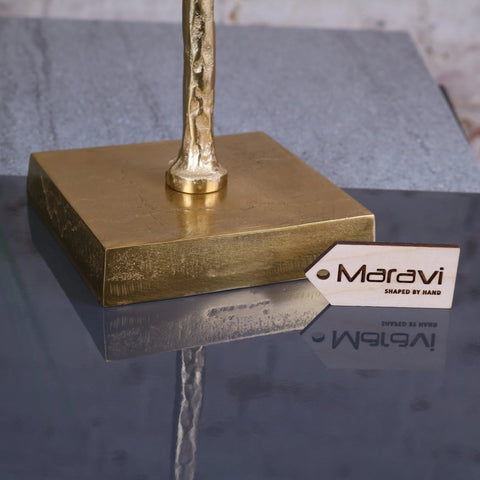 Gold-toned lolam metal gold coral ornament sculpture with hand-shaped brass lamp base and textured stem