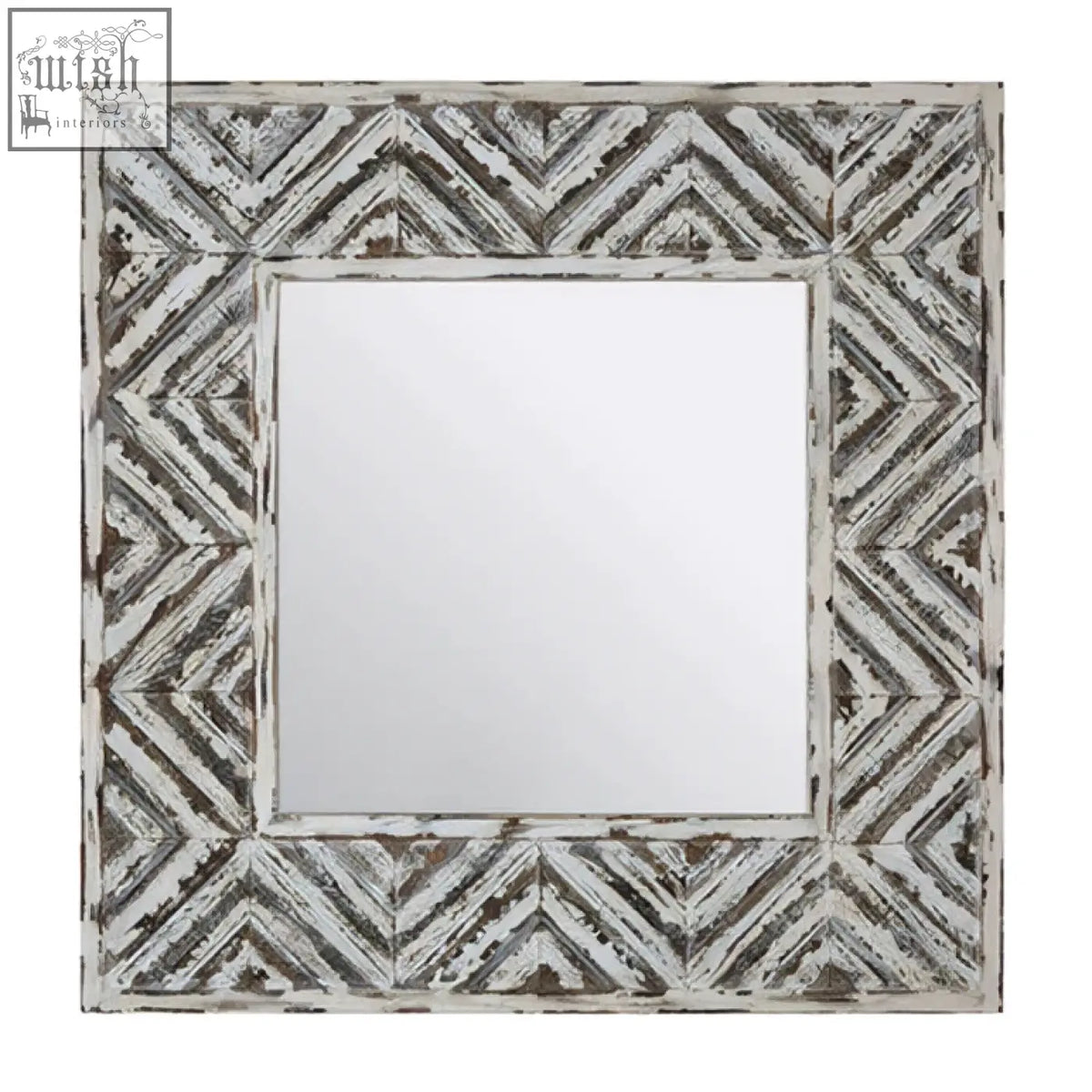 Square lombok wall mirror with distressed white and gray geometric patterned wooden frame for wall decor