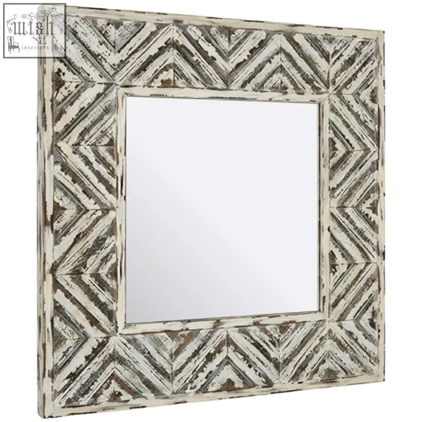 Square lombok wall mirror with distressed white wooden frame and intricate geometric pattern for wall decor
