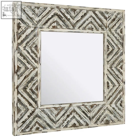 Square lombok wall mirror with distressed white wooden frame and intricate geometric pattern for wall decor