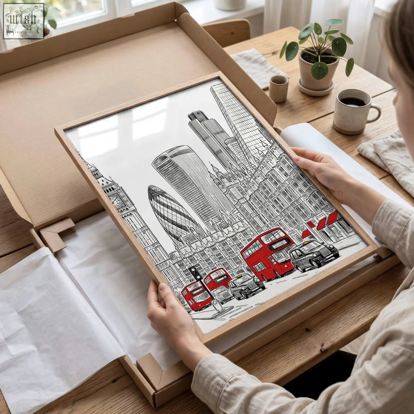 A framed london abstract art print featuring black and white skyline with red buses in a light wood frame