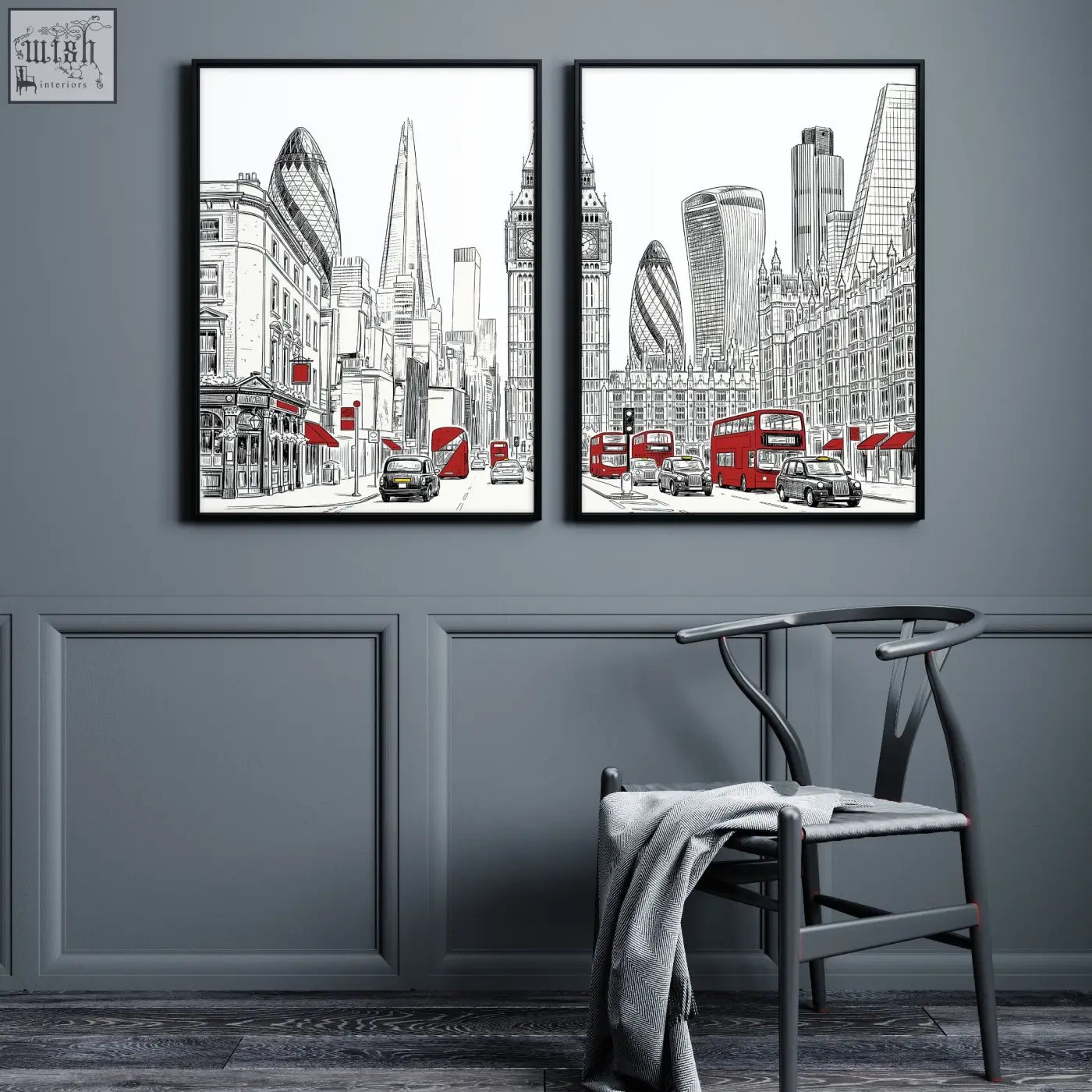 Black-framed london abstract art prints featuring iconic buildings and red buses in minimalist line-art style set of 2