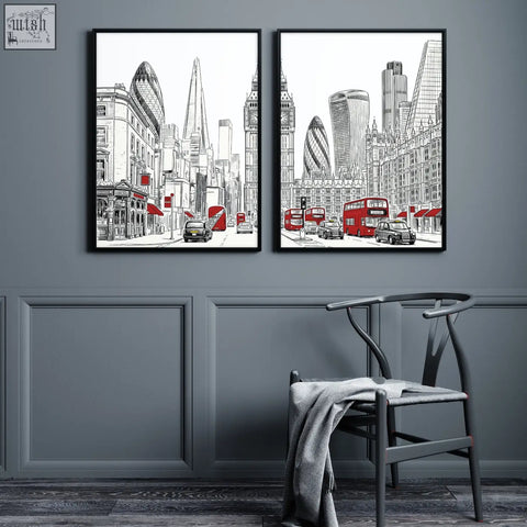 Black-framed london abstract art prints featuring iconic buildings and red buses in minimalist line-art style set of 2