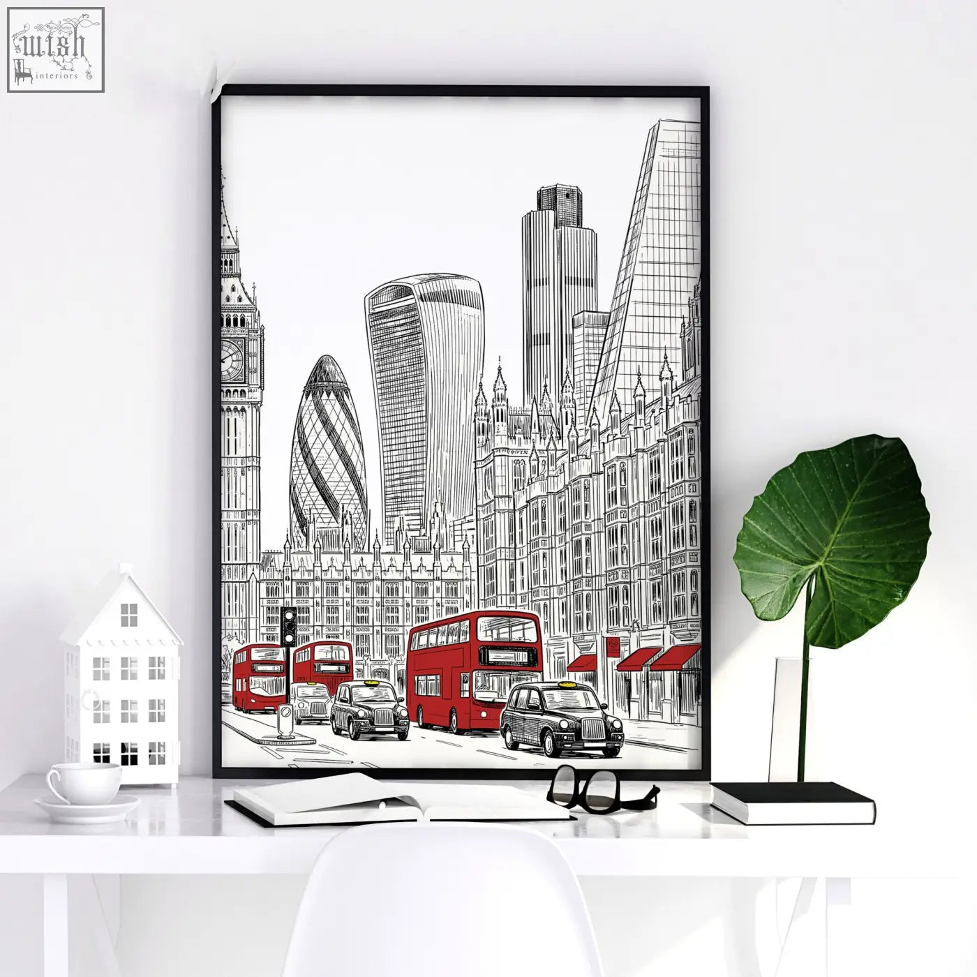 Black-framed london abstract art poster featuring monochrome cityscape with red double-decker buses in a set of 2
