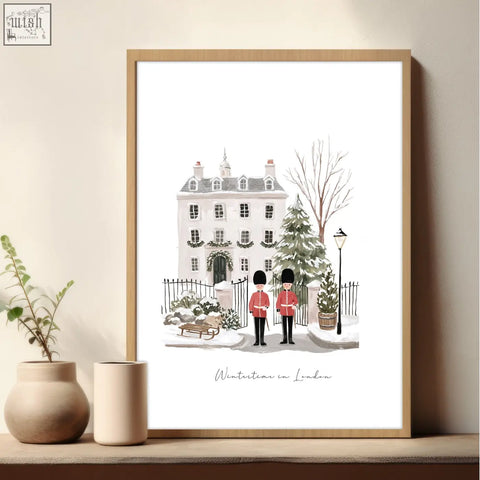 A framed london art print showing wintertime london with two red uniform guards and a snowy white building wall art