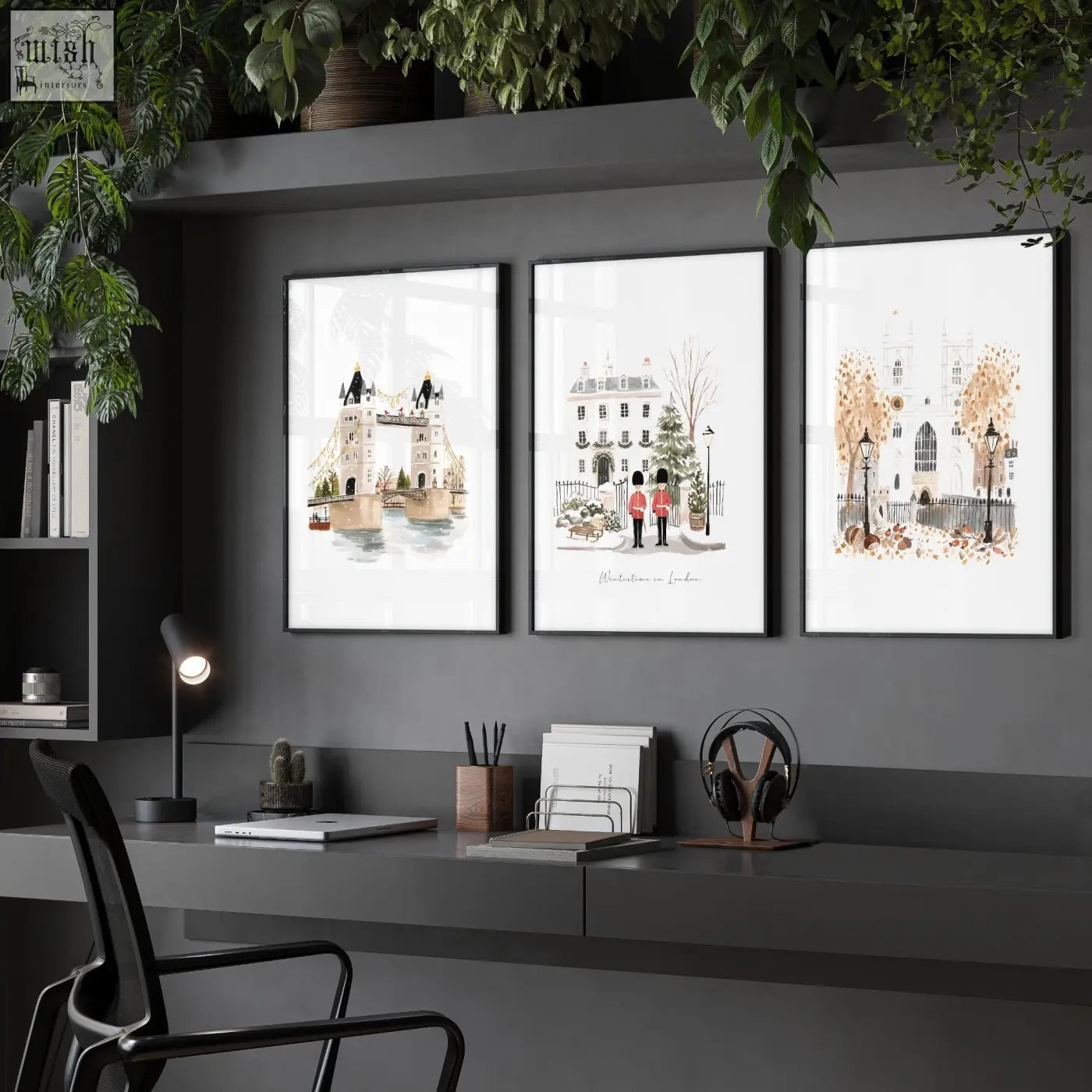 Three framed london art prints featuring wintertime landmarks in minimalist black frames perfect for wall art decor