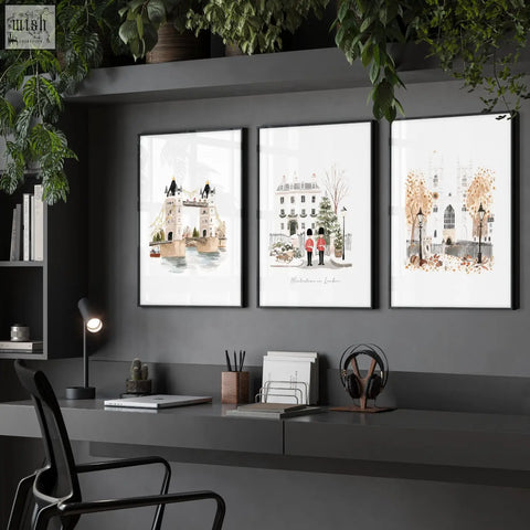 Three framed london art prints featuring wintertime landmarks in minimalist black frames perfect for wall art decor