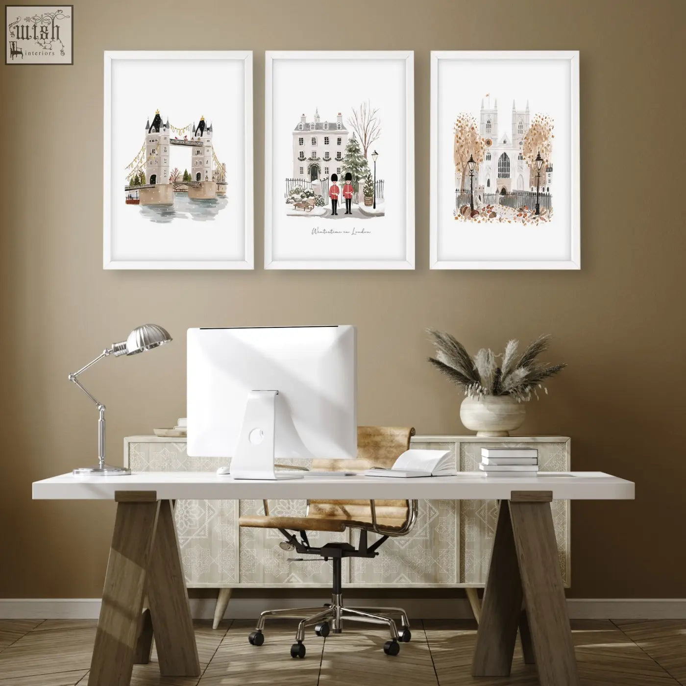 Set of three framed london art prints in soft muted tones perfect for wintertime travel wall art decor