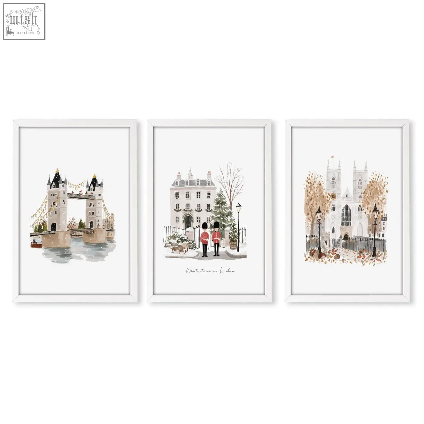 Set of three framed london art prints featuring muted wintertime landmarks perfect for travel wall art