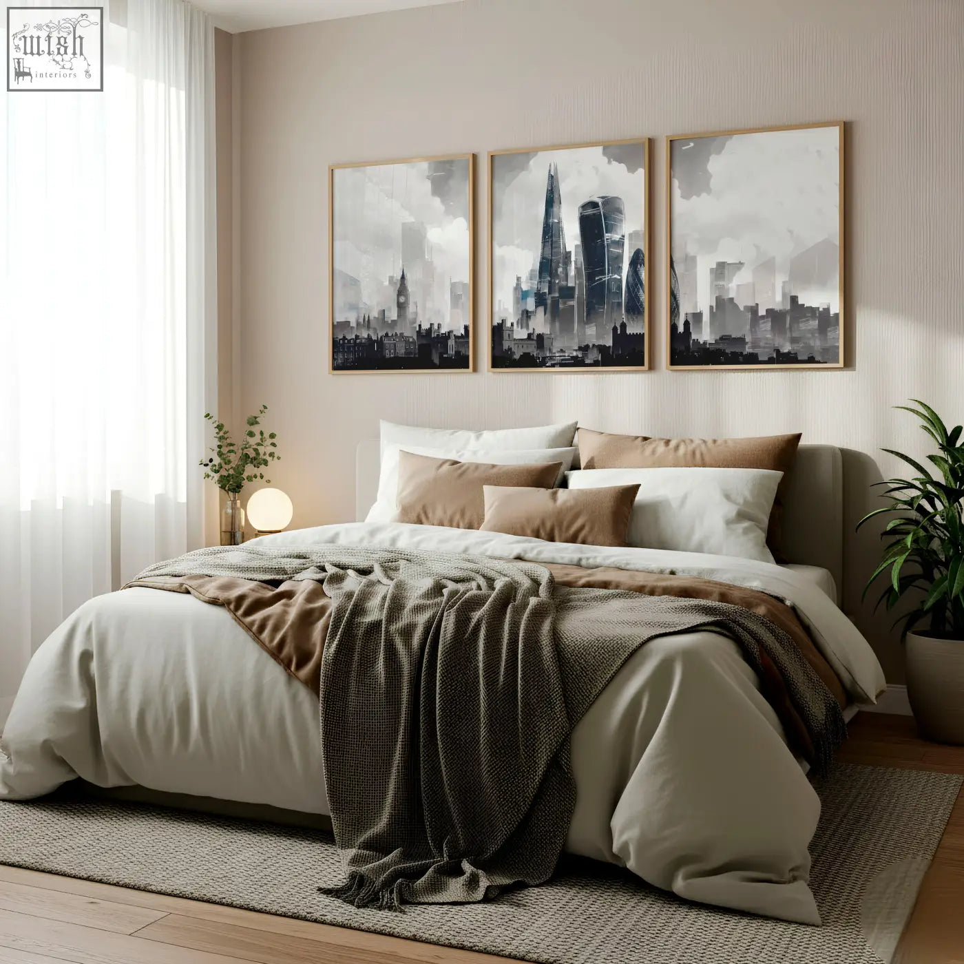 Three framed black and white london artwork cityscape prints with minimalist wooden frames perfect as wall art