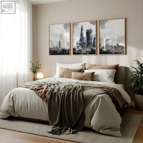 Three framed black and white london artwork cityscape prints with minimalist wooden frames perfect as wall art
