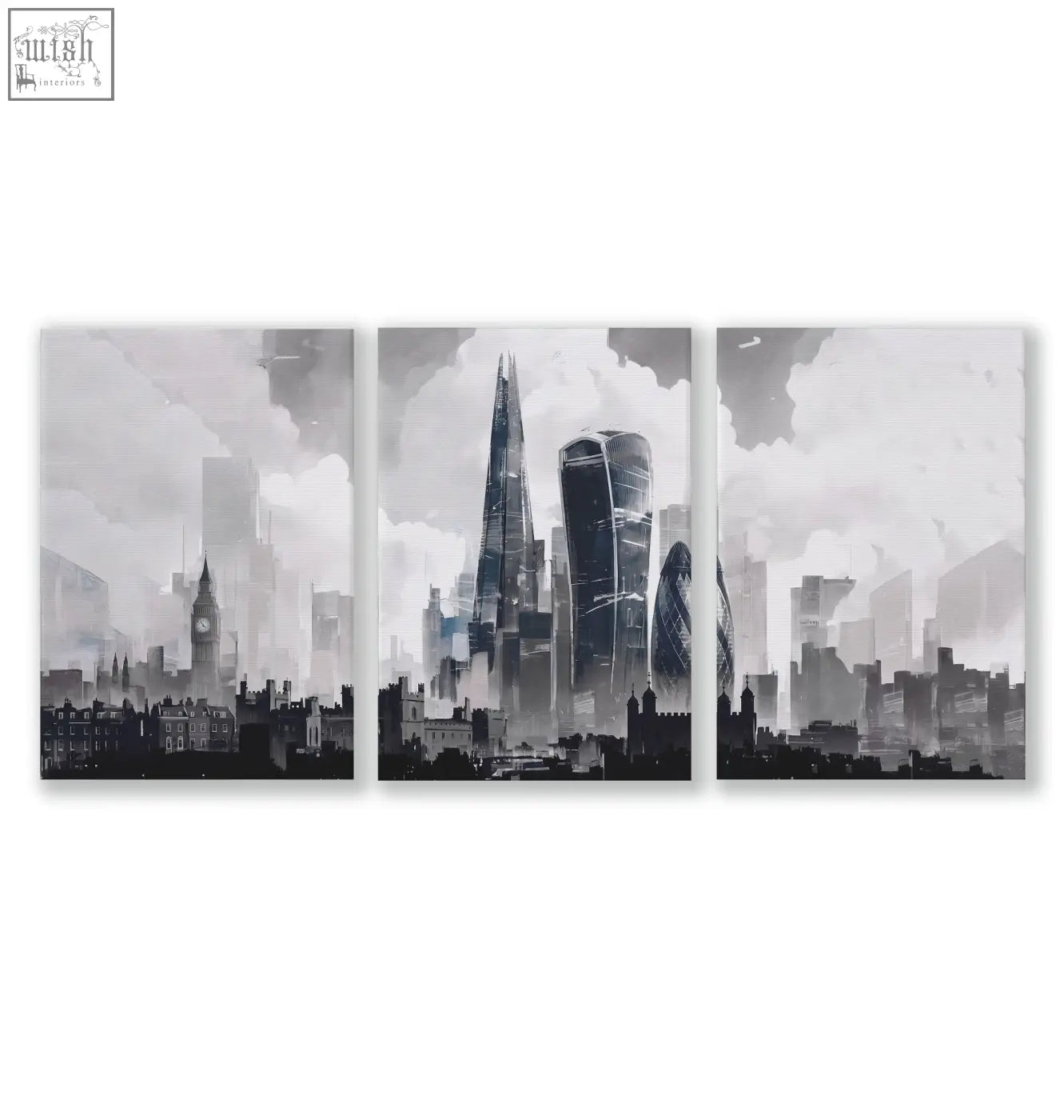 Black and white london artwork city skyline wall art prints set of 3 featuring iconic skyscrapers in abstract style