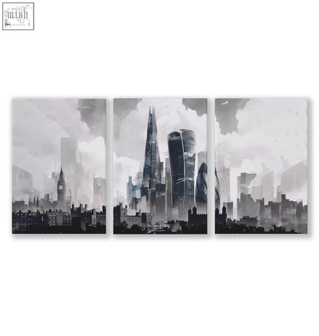 Black and white london artwork city skyline wall art prints set of 3 featuring iconic skyscrapers in abstract style