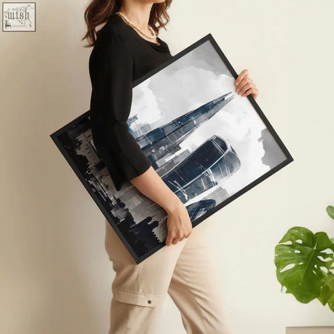Black-framed london artwork city skyline wall art featuring a monochrome abstract skyscraper and bus print set of 3